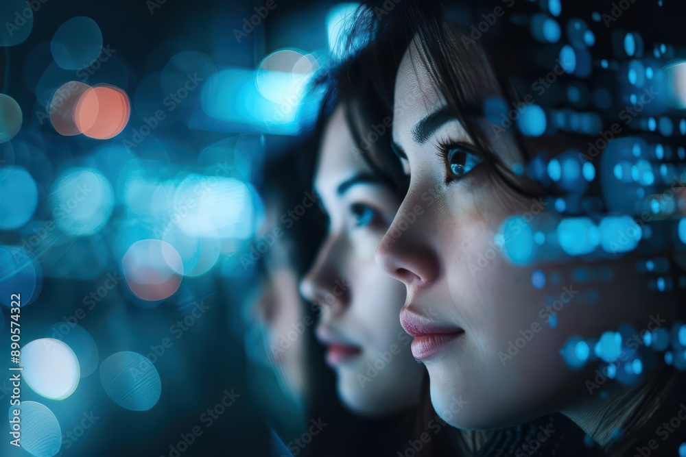 Capture a dynamic scene of a businesswoman communicating with her team in an ultramodern, supernatural setting, with copy space Capture a dynamic scene of a businesswoman communicating with her team in an ultramodern, supernatural setting, with copy space