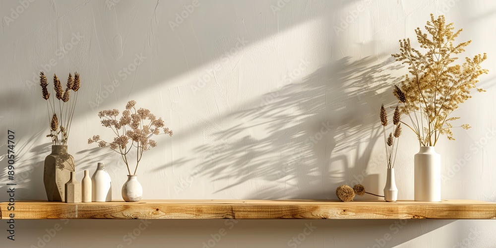 Wooden shelf with empty space, decorated with vases and dry flowers, mockup Wooden shelf with empty space, decorated with vases and dry flowers, mockup