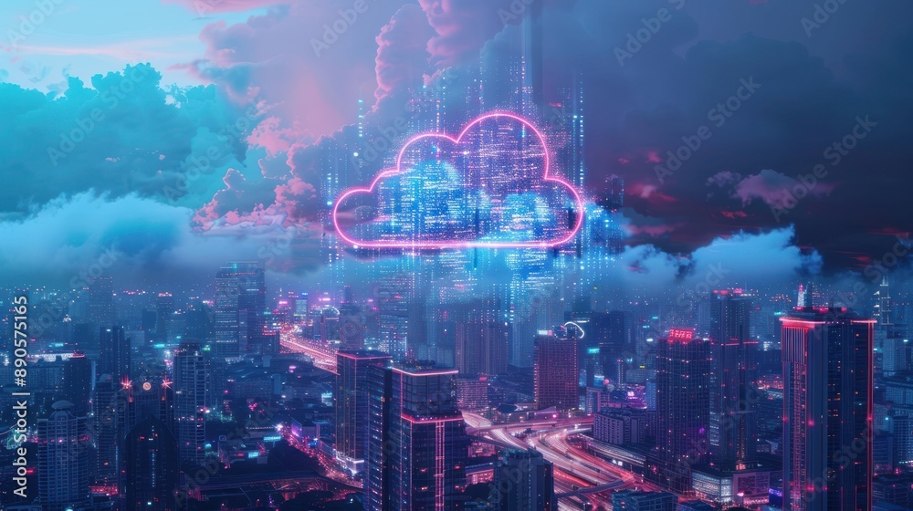 Obraz premium smart city Cloud computing technology and online data storage for global data sharing