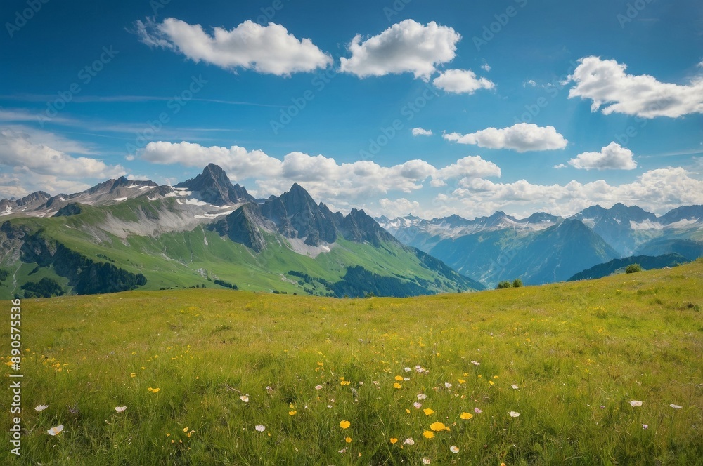 Beautiful scenic view of mountain landscape with green meadows and blue sky