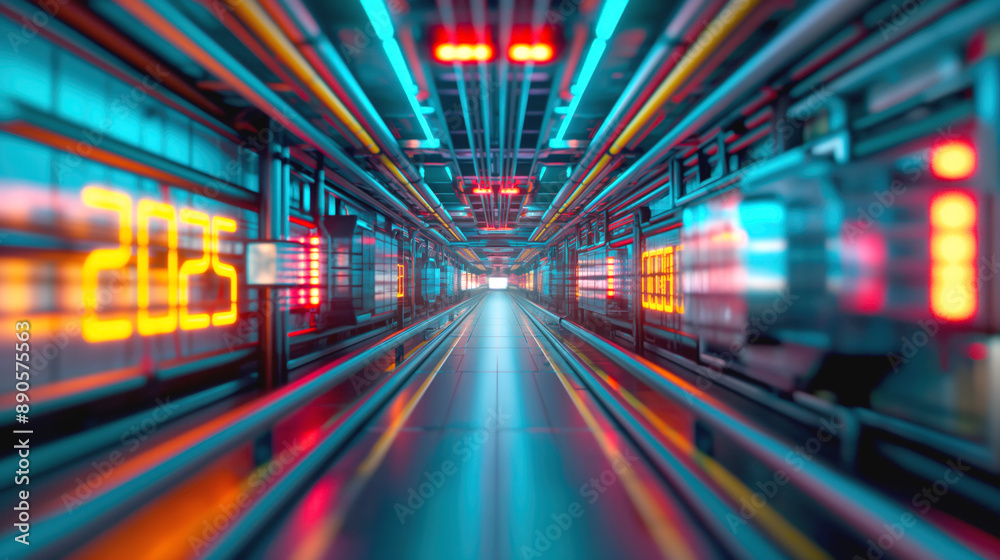 A futuristic, brightly lit corridor with neon lights and a display showing the year 2025, featuring advanced technology and vibrant colors. A futuristic, brightly lit corridor with neon lights and a display showing the year 2025, featuring advanced technology and vibrant colors.