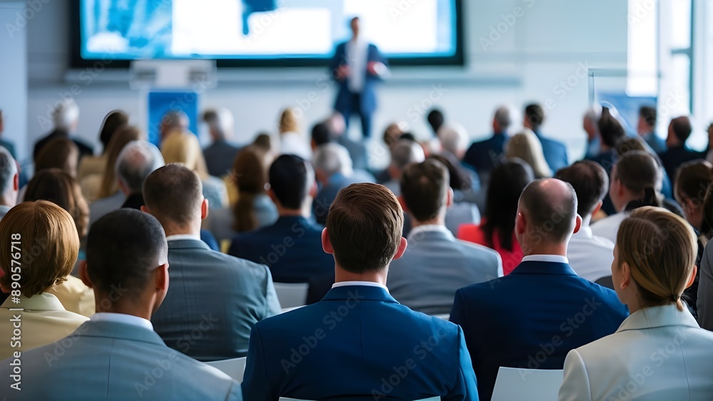 Fototapeta premium A business event in a spacious conference hall, with attendees focused on the speaker, training, audience.