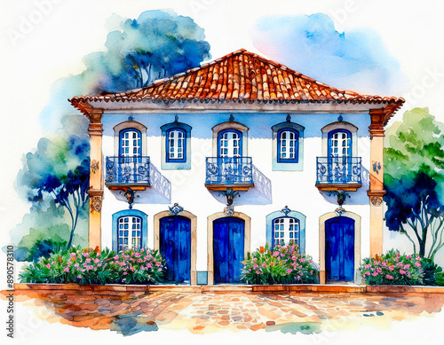 Pintura em aquarela de casa colonial barroca tradicional com jardim ao redor. Casarão tradicional semelhante aos de Ouro Preto, Salvador, Paraty.