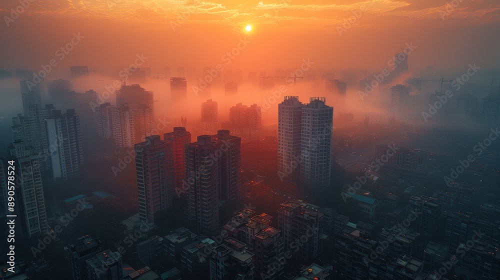 Fototapeta premium A dense, smoggy cityscape, obscuring the sun
