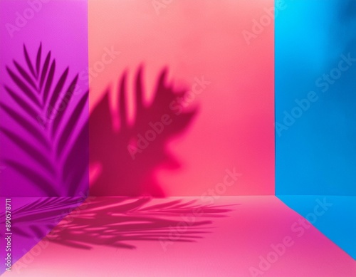 Parede colorida vazia e piso de estúdio com sombras de folhagens refletidas, roxo, rosa e azul. Fundo minimalista para produtos ou texto.