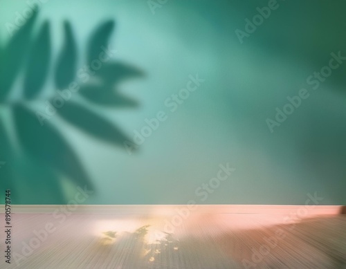Parede verde vazia e piso de estúdio com sombras de folhagens refletidas. Fundo minimalista para produtos ou texto.