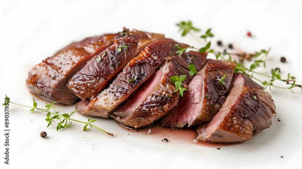 Freshly Sliced Roast Duck on White Background Showcasing Gourmet Culinary Details Freshly Sliced Roast Duck on White Background Showcasing Gourmet Culinary Details