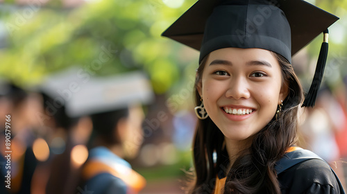 Asian graduate girl in cap and gown, smiling widely as she holds her degree, with a picturesque university campus and happy graduates behind her 