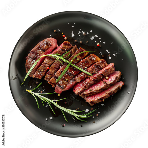 A gourmet sliced steak on a black plate, beautifully presented with rosemary and seasoning, top view. On transparent background. photo