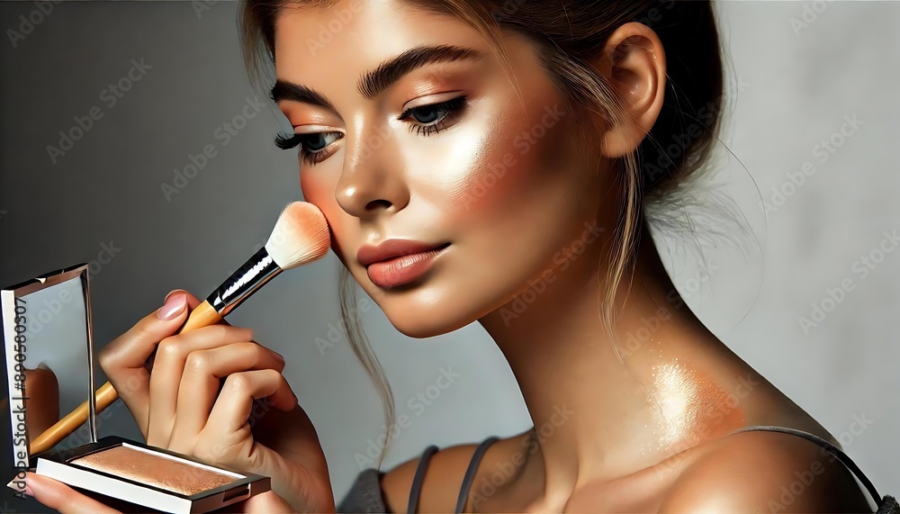 Fototapeta premium Beauty Influencer Applying Highlighter - Glowing Makeup Look