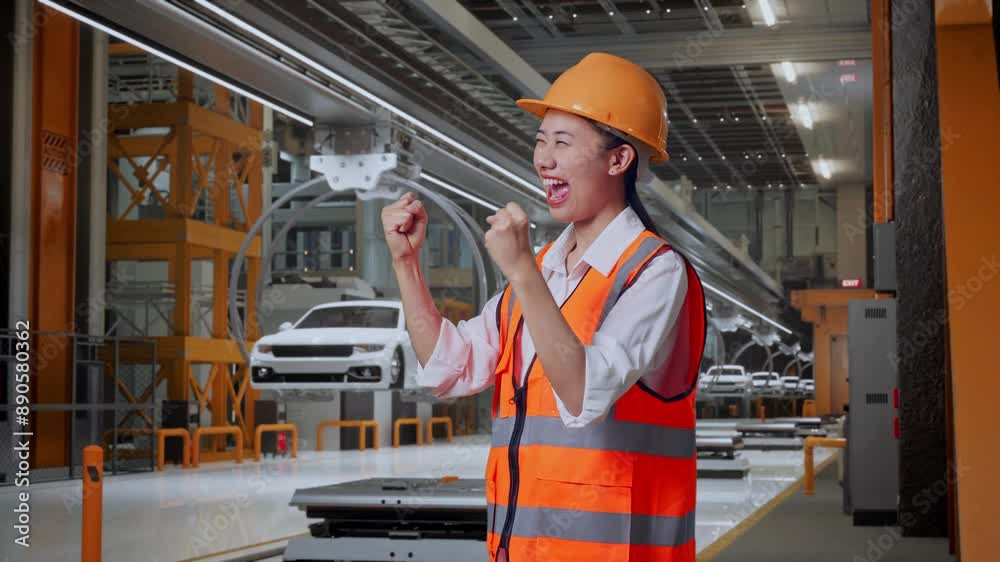 Side View Of Asian Female Engineer With Safety Helmet Screaming Goal Celebrating Working In EV Car Factory Side View Of Asian Female Engineer With Safety Helmet Screaming Goal Celebrating Working In EV Car Factory