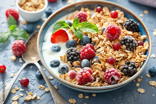 Delicious breakfast bowl with granola, yogurt, and fresh berries.