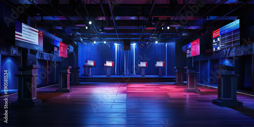 The Divided Gallery of Debate: An empty debate hall, with opposing teams' posters torn down and scattered about
