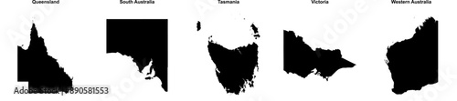 Queensland, South Australia, Tasmania, Victoria, Western Australia outline maps