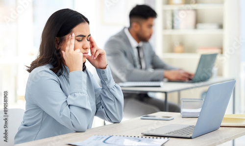 Laptop, businesswoman and headache for stress in office, burnout and fatigue for corporate employee. Workplace, brain fog and consultant with pain of migraine, deadline and lack of time management