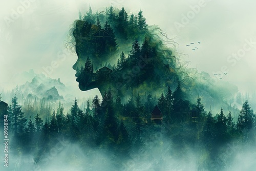 Double exposure of beautiful woman face and green nature on background. Collage of female and trees.