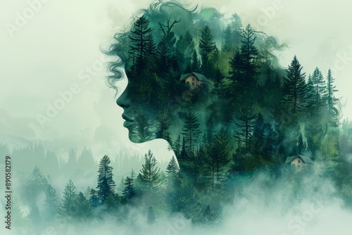 Double exposure of beautiful woman face and green nature on background. Collage of female and trees.