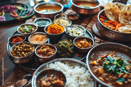 A traditional Indian thali with various curries, rice, and flatbread.