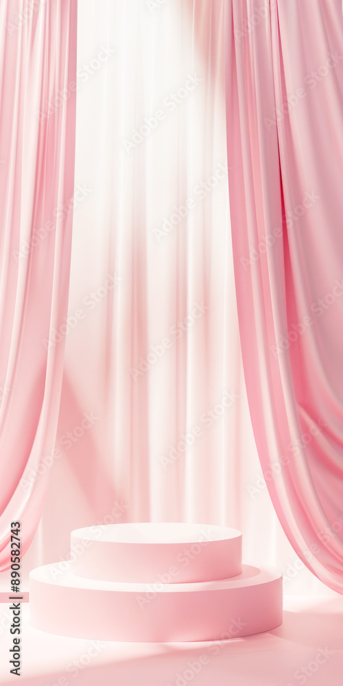 Elegant Pink Drapes with White Podium in Sunlit Room - Perfect for Fashion, Beauty, and Product Display Elegant Pink Drapes with White Podium in Sunlit Room - Perfect for Fashion, Beauty, and Product Display
