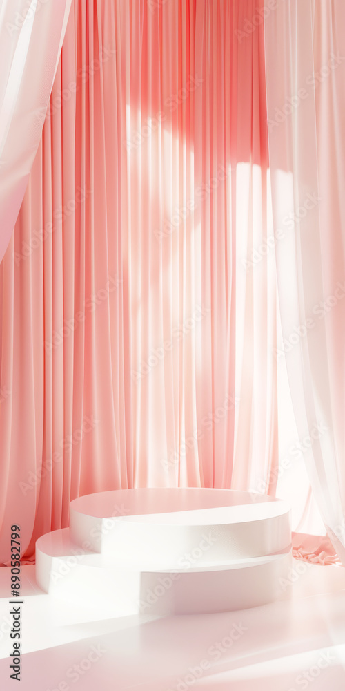 Elegant Pink Drapes with White Podium in Sunlit Room - Perfect for Fashion, Beauty, and Product Display Elegant Pink Drapes with White Podium in Sunlit Room - Perfect for Fashion, Beauty, and Product Display