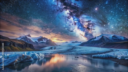 Majestic Vatnajokull Glacier under starry sky with Milky Way and sparkling stars, Milky Way, sky, stars, snow, Glacier