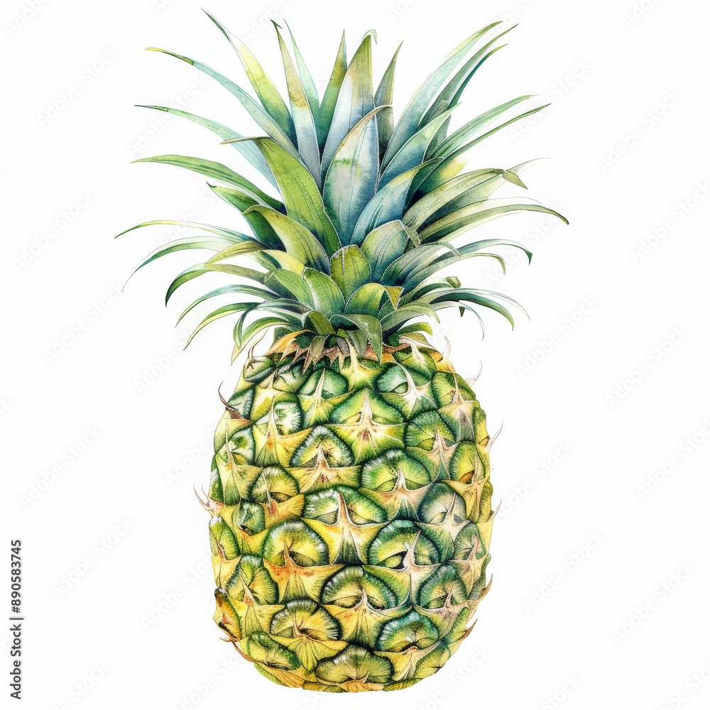 Fototapeta premium A watercolor painting of a fresh pineapple, with detailed textures of the spiky skin and green leaves, isolated on white background.