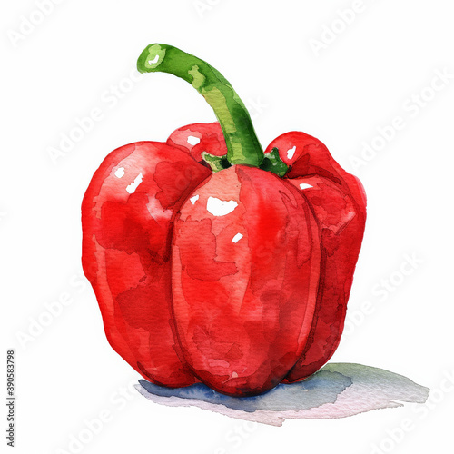 Obraz na płótnie A watercolor illustration of a ripe red bell pepper, with smooth skin and a green stem, isolated on white background. w salonie