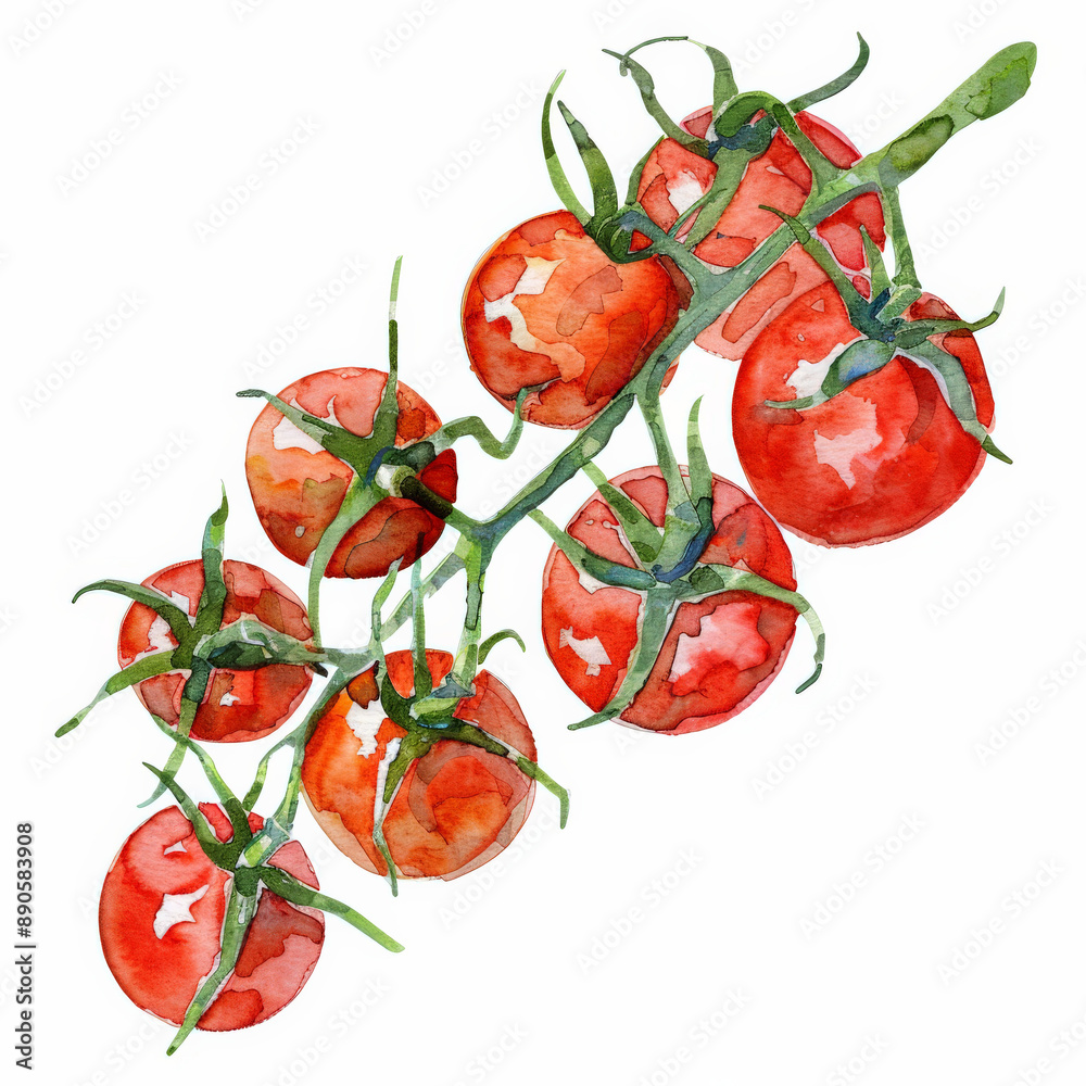 A watercolor illustration of fresh cherry tomatoes on the vine, showing their vibrant red color and green stems, isolated on white background.