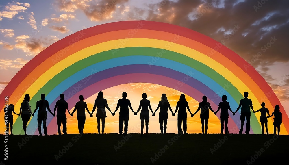 Fototapeta premium Vector illustration of silhouettes including families, couples, and children dancing on a rainbow against a summer sky