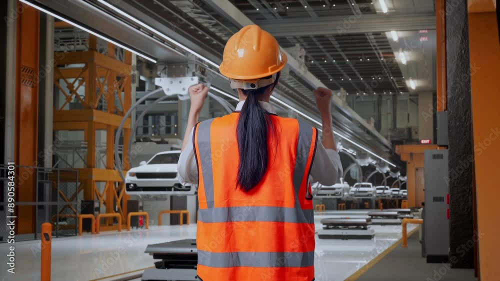 Back View Of A Female Engineer With Safety Helmet Raising Her Hands Celebrating While Working In EV Car Factory Back View Of A Female Engineer With Safety Helmet Raising Her Hands Celebrating While Working In EV Car Factory