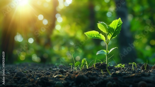 A Young Seedling Bathed in Morning Sunlight in a Green Forest