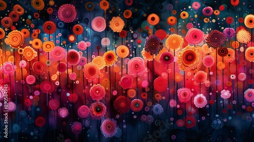 Colorful abstract illustration of multiple flowers in blossom on dark background, poster or banner nature concept