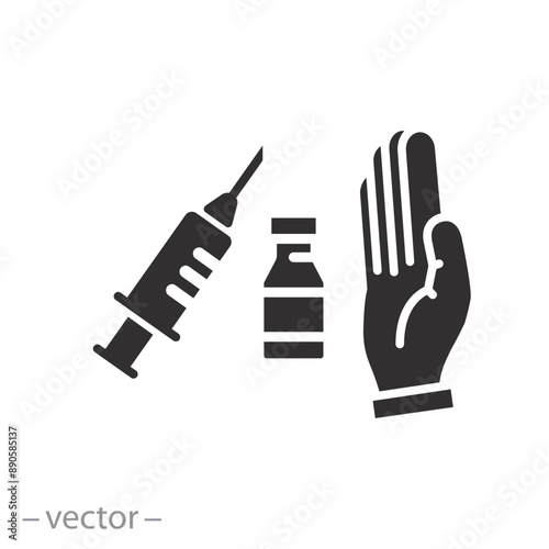 stop injection patient icon, no vaccination gesture, protest anti vax, against inoculation fear, flat vector illustration