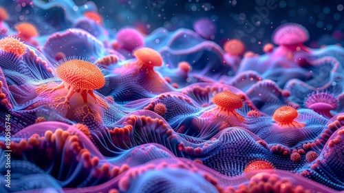 Macro illustration of underwater bacteria, biological research of micro organisms at microscopic level