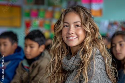 Smiling Young Woman Volunteer With Children in Classroom