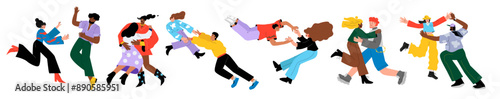 Hug family, warm relationships with friend. Happy go character. Man toward woman, person cartoon flat. Reconciliation love concept. Girl and boy flying, romantic couple, meeting. Vector illustration