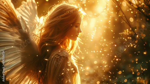 portrait of winged angel like fairy queen flying through an ancient forest,generative ai