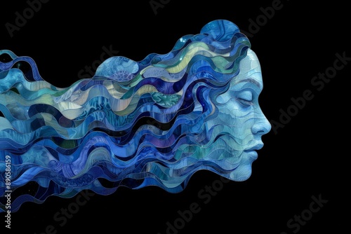 abstract illustration of blue color woman face on black background. Looking calm and tranquil.