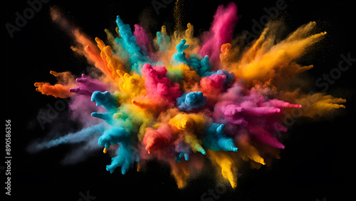 Colorful dust splashing scattered. Colored powder explosion on black background. Hindu tradition festive, Holi festival in India or Nepal © Aimstock