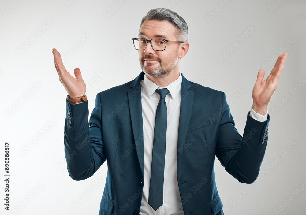 Businessman, portrait and confused in studio for choice with questions, dont know and uncertain for why. Male entrepreneur, shrug and doubt for decision, palm scale and option by white background Businessman, portrait and confused in studio for choice with questions, dont know and uncertain for why. Male entrepreneur, shrug and doubt for decision, palm scale and option by white background