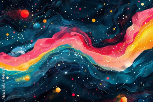 Abstract illustration of universe with vibrant wavy shapes, colorful astronomy and space concept background