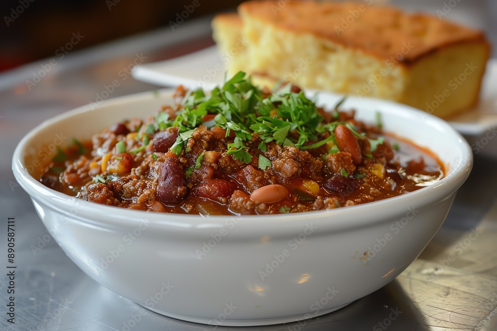 A bowl of hearty chili with a side of cornbread. A bowl of hearty chili with a side of cornbread.