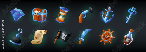Game treasure icon. 3D pirate chest. Brilliant gemstone. Ancient map. Corsair flag. Gold money. Old sandglass. Filibuster weapon. Rum bottle. Sea anchor. Vector Caribbean tidy UI cartoon elements set