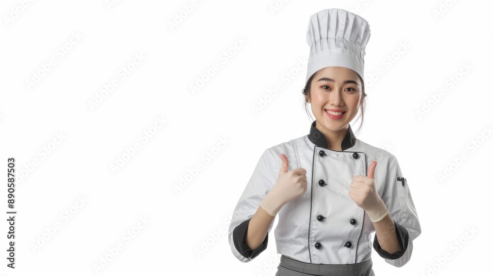 A young woman chef is wearing a white hat and apron and is giving a thumbs up A young woman chef is wearing a white hat and apron and is giving a thumbs up