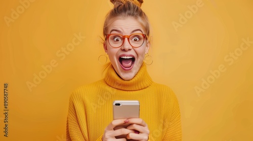 Wallpaper Mural beautiful woman exited surprise face expression . female feels shocked with the phone. exciting smile and happy adorable rejoices. Very enjoy and fun relax time. wow, girl holding smartphone.. Torontodigital.ca