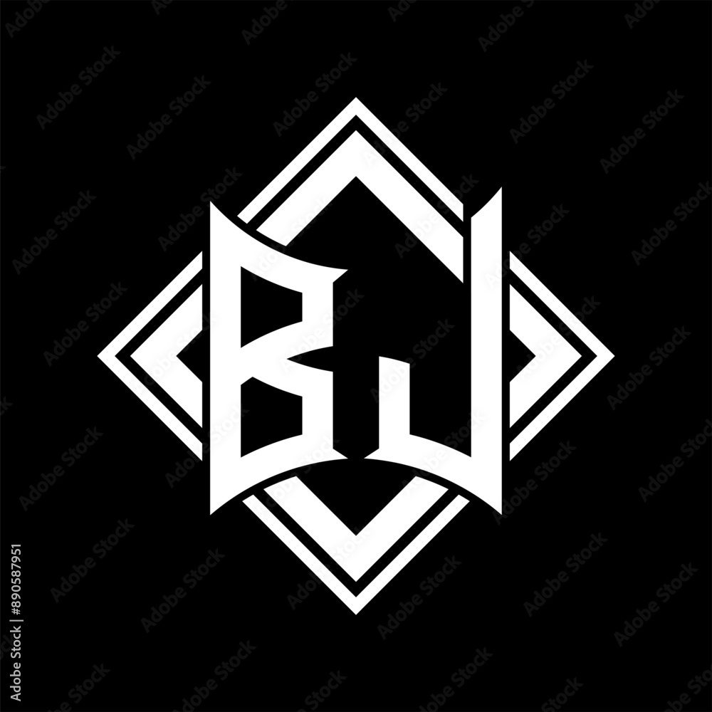 BJ Letter logo abstract shield shape with square white outline on black background template BJ Letter logo abstract shield shape with square white outline on black background template