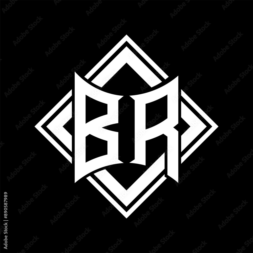 BR Letter logo abstract shield shape with square white outline on black background template BR Letter logo abstract shield shape with square white outline on black background template