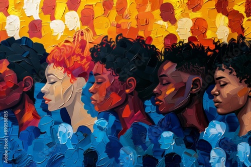 Illustration of female community coming together in unity. Colorful crowd of people showing Inclusion and diversity concept.