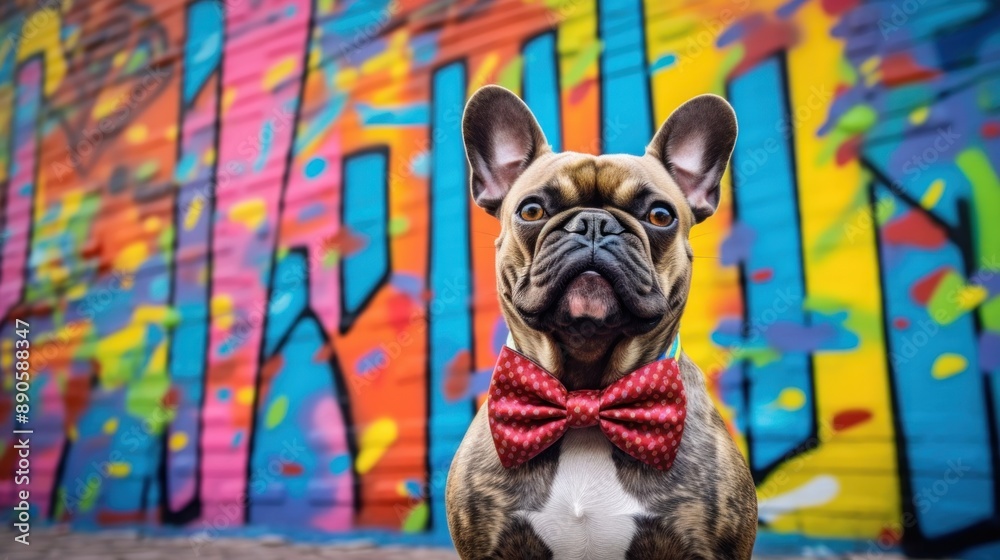 French Bulldog with Bow Tie Posing in Front of a Colorful Wall