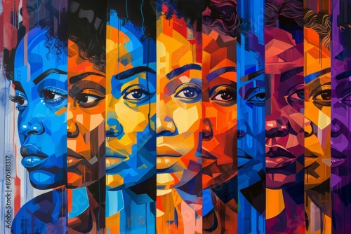 Collage illustration of female community coming together in unity. Colorful crowd of people showing Inclusion and diversity concept.